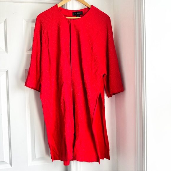 St. John Red Open Front L/S Long Line Cardigan Duster Size 6 Wool Blend Texture - Picture 1 of 4
